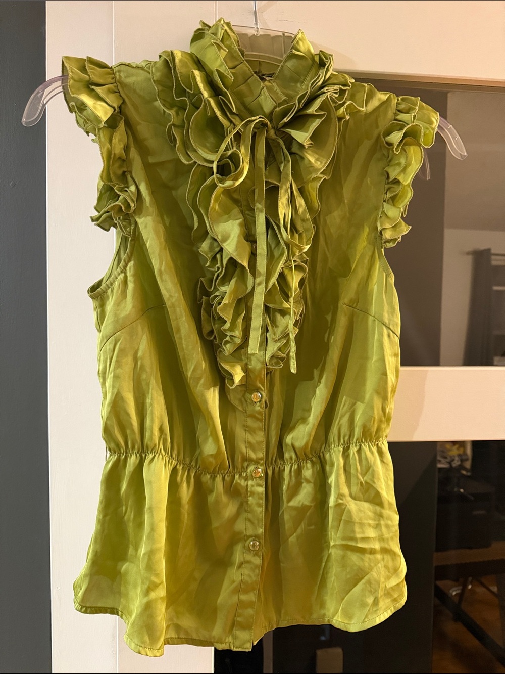 Ruffled Tie-Neck Sleeveless Blouse - Olive Green